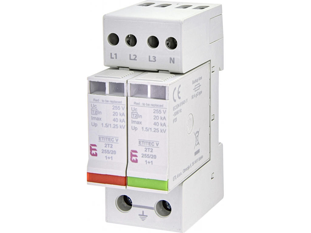 ETI transientbeskyttelse Type 2 3P+N (3+1) 2M, TT og TN-S, 20kA