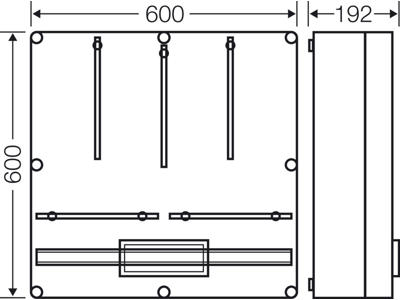 Mi kasse med beslag til 3 x kWh-målere og DIN-skinne, 600x600x192 mm