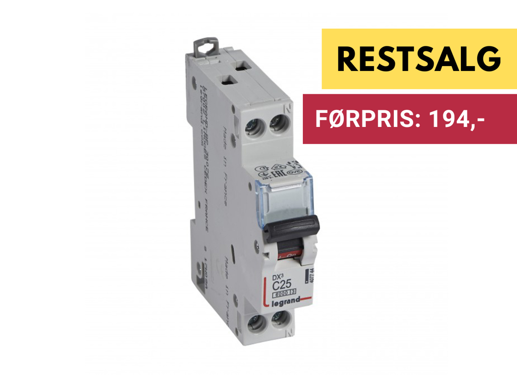 Legrand automatsikring DX3 C25A 1P+N 1M 6/10kA