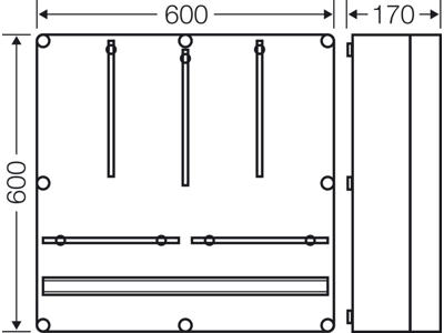 Mi kasse med beslag til 3 x kWh-målere og DIN-skinne, 600x600x170 mm