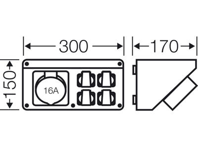 Tilslutningskasse SKRÅ, 150x300x17, 1 x CEE 16A 5p 400V + 4 x 16A 2P+J 230V
