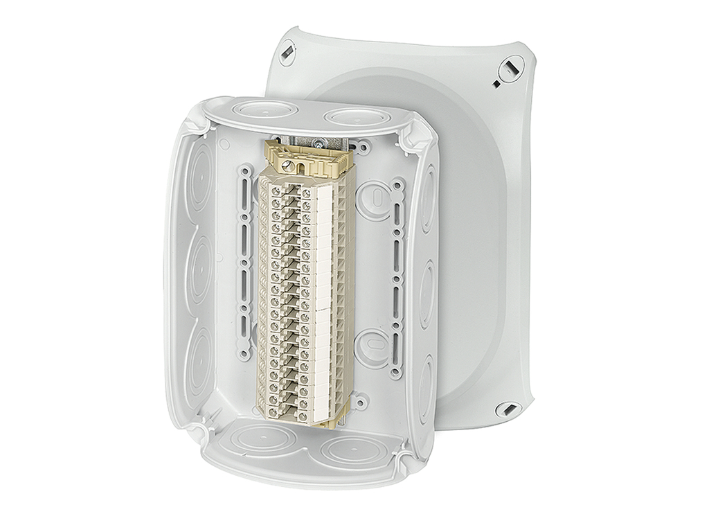 Forgreningsdåse 0,14-6 mm², Cu, 19 klemrækker, 130x180x77 mm, IP66 - Grå