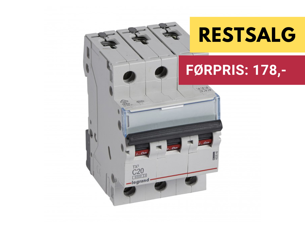 Legrand automatsikring TX3 C20A 3P 3M 6/6kA