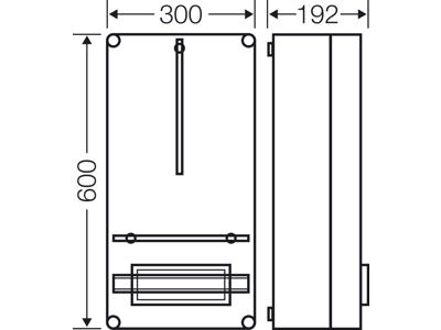 Mi kasse med beslag til 1 x kWh-måler og DIN-skinne, 600x300x192 mm