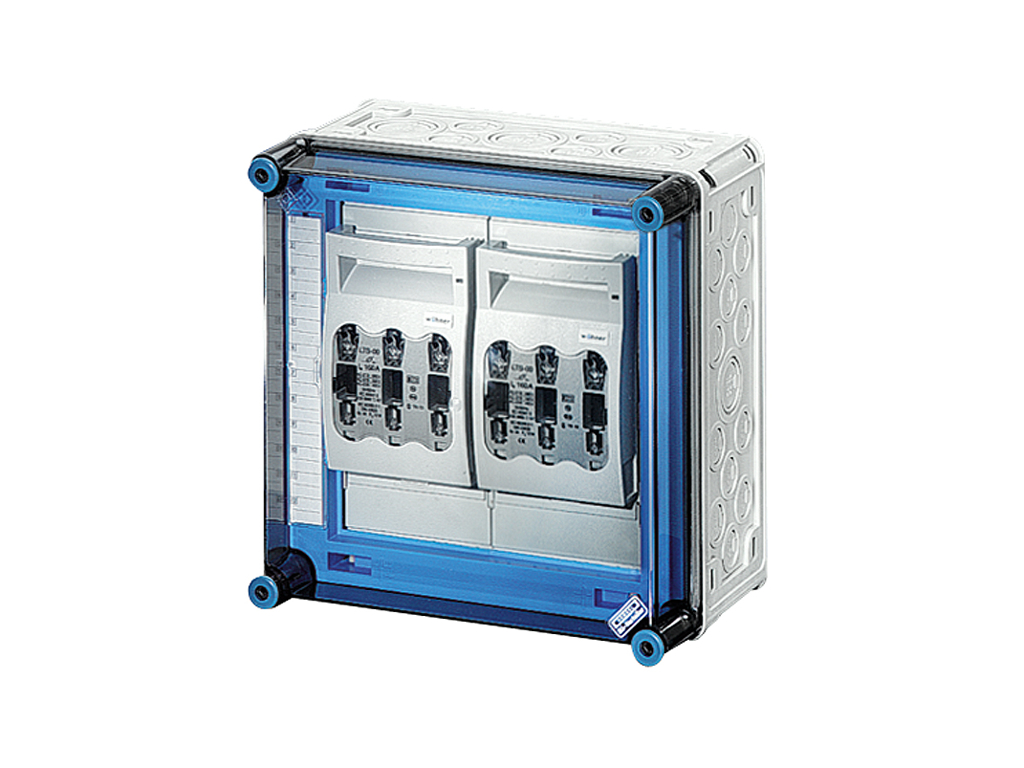 Mi kasse med 2xHRC00 sikringsafbrydere 160A 3P, ln=630A, t/kombination