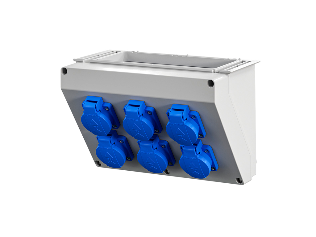 ENYSTAR tilslutningskasse skrå med 6 x Schuko stik, 16A, 3P, 230V