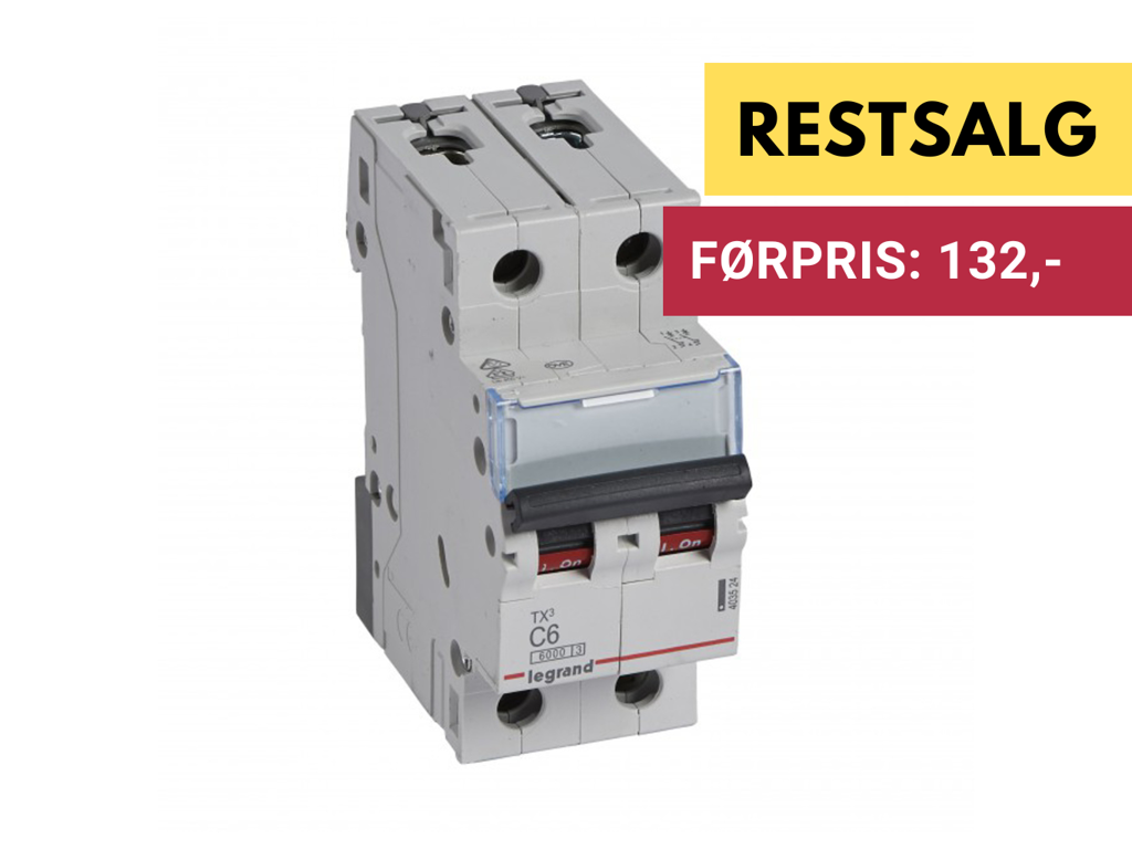 Legrand automatsikring TX3 C6A 2P 2M 6/6kA