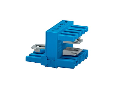 WAGO h-blok 5P, 1 indgang, 2 udgange, 3 låsepaler - Blå