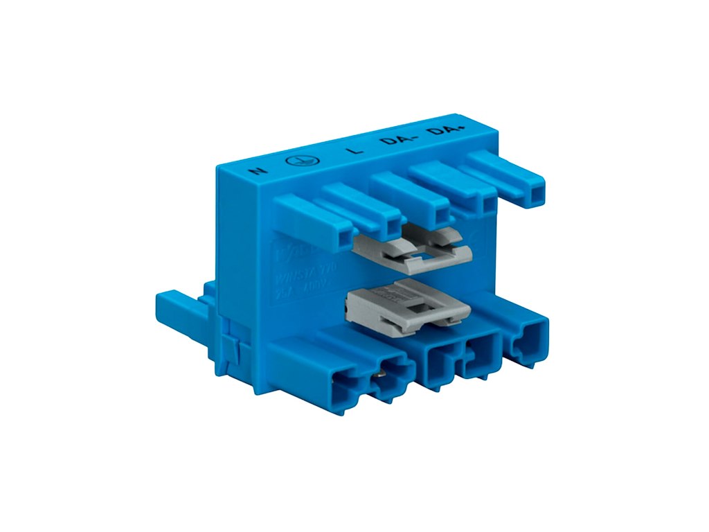 WAGO h-blok 5P, 1 indgang, 2 udgange, 2 låsepaler - Blå