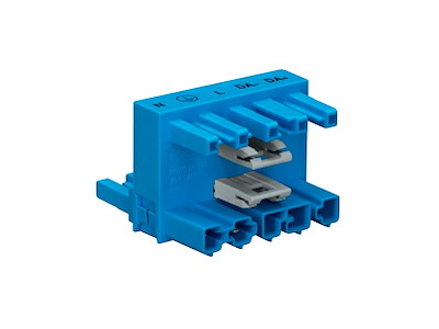 WAGO h-blok 5P, 1 indgang, 2 udgange, 2 låsepaler - Blå