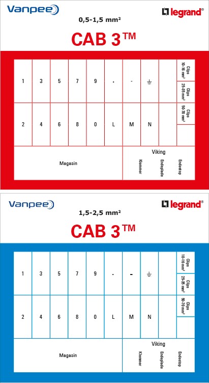 Etiketter med indhold i CAB3 sortimentskufferter med 0,5-1,5 mm² ledningsmærker og 1,5-2,5 mm² ledningsmærker