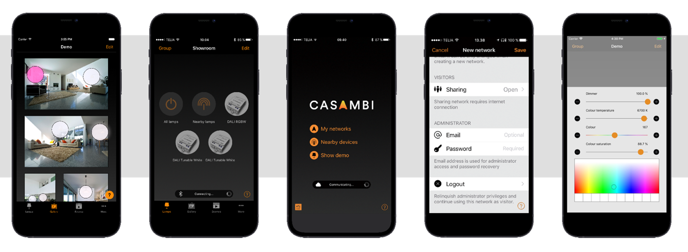 Fem iPhones med Casambi app'en på skærmen