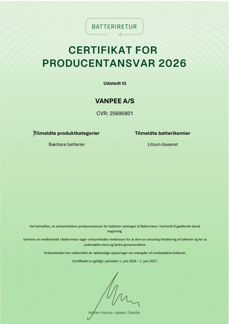 Certifikat for produktansvar 2026 - Batteri retur