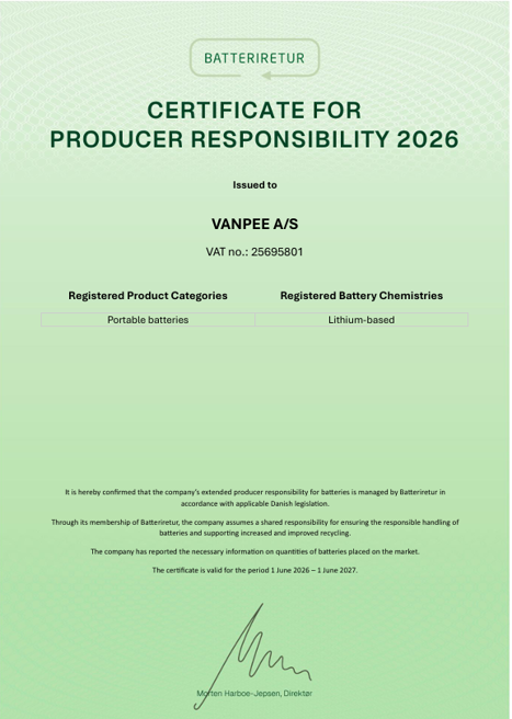 Certifikat for produktansvar 2026 - Batteri retur