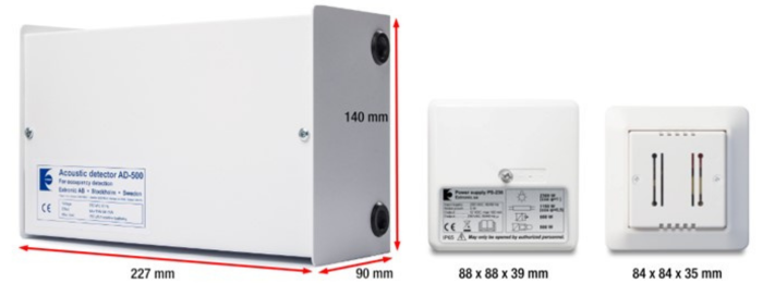 Størrelse på akustisk detektor AD500 sammenlignet med akustisk detektor AD230